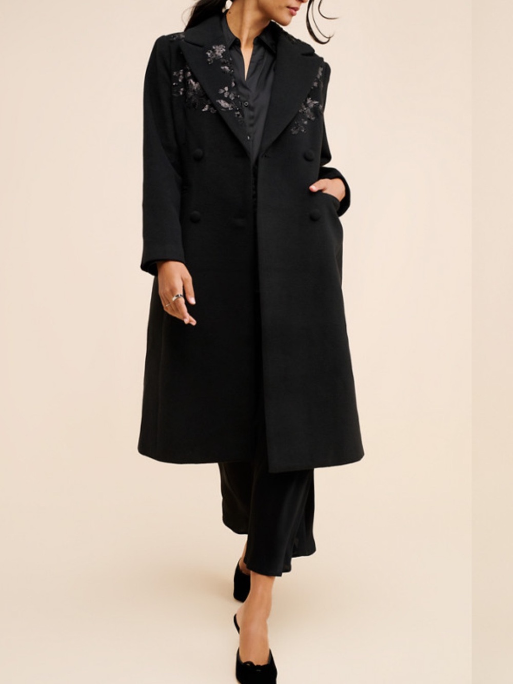 Avec Les Filles Black Embroidered Double-Breasted Pea Coat